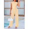 imagePRETTYGARDEN Summer Jumpsuits for Women Dressy 2026 Fashion Ruffle Cap Sleeve Romper Crew Neck Rib Knit One Piece OutfitsApricot