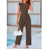 imagePRETTYGARDEN Summer Jumpsuits for Women Dressy 2026 Fashion Ruffle Cap Sleeve Romper Crew Neck Rib Knit One Piece OutfitsDark Brown