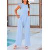 imagePRETTYGARDEN Summer Jumpsuits for Women Dressy 2026 Fashion Ruffle Cap Sleeve Romper Crew Neck Rib Knit One Piece OutfitsLight Blue