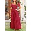 imagePRETTYGARDEN Summer Maxi Dress for Women Short Sleeve Square Neck Smocked Tiered Ruffle Long Swing Boho Dresses with Pockets RedMedium