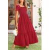 imagePRETTYGARDEN Summer Maxi Dress for Women Short Sleeve Square Neck Smocked Tiered Ruffle Long Swing Boho Dresses with Pockets RedMedium