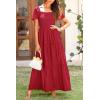 imagePRETTYGARDEN Summer Maxi Dress for Women Short Sleeve Square Neck Smocked Tiered Ruffle Long Swing Boho Dresses with Pockets RedMedium