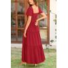 imagePRETTYGARDEN Summer Maxi Dress for Women Short Sleeve Square Neck Smocked Tiered Ruffle Long Swing Boho Dresses with Pockets RedMedium