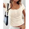 imagePRETTYGARDEN Summer Tops for Women 2026 Short Sleeve Lace Trim Slim Fitted Henley Tee Shirts Y2K Fashion ClothingBeige
