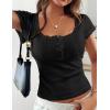 imagePRETTYGARDEN Summer Tops for Women 2026 Short Sleeve Lace Trim Slim Fitted Henley Tee Shirts Y2K Fashion ClothingBlack