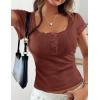 imagePRETTYGARDEN Summer Tops for Women 2026 Short Sleeve Lace Trim Slim Fitted Henley Tee Shirts Y2K Fashion ClothingBrick Red