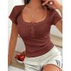 imagePRETTYGARDEN Summer Tops for Women 2026 Short Sleeve Lace Trim Slim Fitted Henley Tee Shirts Y2K Fashion ClothingBrick Red