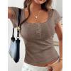 imagePRETTYGARDEN Summer Tops for Women 2026 Short Sleeve Lace Trim Slim Fitted Henley Tee Shirts Y2K Fashion ClothingKhaki