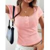 imagePRETTYGARDEN Summer Tops for Women 2026 Short Sleeve Lace Trim Slim Fitted Henley Tee Shirts Y2K Fashion ClothingPink