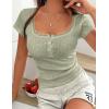 imagePRETTYGARDEN Summer Tops for Women 2026 Short Sleeve Lace Trim Slim Fitted Henley Tee Shirts Y2K Fashion ClothingSage Green