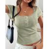 imagePRETTYGARDEN Summer Tops for Women 2026 Short Sleeve Lace Trim Slim Fitted Henley Tee Shirts Y2K Fashion ClothingSage Green