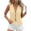 imagePRETTYGARDEN Women 2026 Summer Tie Front Eyelet Tank Tops Trendy Floral Vest Sleeveless V Neck Dressy Blouse Vacation OutfitsBeige Yellow