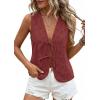 imagePRETTYGARDEN Women 2026 Summer Tie Front Eyelet Tank Tops Trendy Floral Vest Sleeveless V Neck Dressy Blouse Vacation OutfitsBrown Red