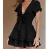 imagePRETTYGARDEN Women Summer Short Dress 2026 Casual V Neck Short Sleeve Tiered Bow Mini Sun Dresses Beach Vacation SundressBlack