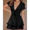 imagePRETTYGARDEN Women Summer Short Dress 2026 Casual V Neck Short Sleeve Tiered Bow Mini Sun Dresses Beach Vacation SundressBlack
