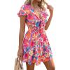 imagePRETTYGARDEN Women Summer Short Dress 2026 Casual V Neck Short Sleeve Tiered Bow Mini Sun Dresses Beach Vacation SundressFloral Pink Orange