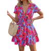 imagePRETTYGARDEN Women Summer Short Dress 2026 Casual V Neck Short Sleeve Tiered Bow Mini Sun Dresses Beach Vacation SundressFloral Rose Red