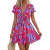 imagePRETTYGARDEN Women Summer Short Dress 2026 Casual V Neck Short Sleeve Tiered Bow Mini Sun Dresses Beach Vacation SundressFloral Rose Red