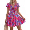 imagePRETTYGARDEN Women Summer Short Dress 2026 Casual V Neck Short Sleeve Tiered Bow Mini Sun Dresses Beach Vacation SundressFloral Rose Red