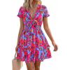 imagePRETTYGARDEN Women Summer Short Dress 2026 Casual V Neck Short Sleeve Tiered Bow Mini Sun Dresses Beach Vacation SundressFloral Rose Red