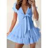 imagePRETTYGARDEN Women Summer Short Dress 2026 Casual V Neck Short Sleeve Tiered Bow Mini Sun Dresses Beach Vacation SundressLight Blue