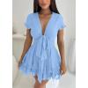 imagePRETTYGARDEN Women Summer Short Dress 2026 Casual V Neck Short Sleeve Tiered Bow Mini Sun Dresses Beach Vacation SundressLight Blue