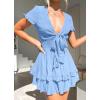 imagePRETTYGARDEN Women Summer Short Dress 2026 Casual V Neck Short Sleeve Tiered Bow Mini Sun Dresses Beach Vacation SundressLight Blue