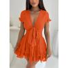 imagePRETTYGARDEN Women Summer Short Dress 2026 Casual V Neck Short Sleeve Tiered Bow Mini Sun Dresses Beach Vacation SundressOrange