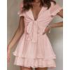 imagePRETTYGARDEN Women Summer Short Dress 2026 Casual V Neck Short Sleeve Tiered Bow Mini Sun Dresses Beach Vacation SundressPink