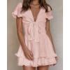 imagePRETTYGARDEN Women Summer Short Dress 2026 Casual V Neck Short Sleeve Tiered Bow Mini Sun Dresses Beach Vacation SundressPink