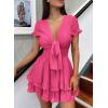 imagePRETTYGARDEN Women Summer Short Dress 2026 Casual V Neck Short Sleeve Tiered Bow Mini Sun Dresses Beach Vacation SundressRose Red