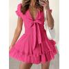 imagePRETTYGARDEN Women Summer Short Dress 2026 Casual V Neck Short Sleeve Tiered Bow Mini Sun Dresses Beach Vacation SundressRose Red