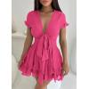 imagePRETTYGARDEN Women Summer Short Dress 2026 Casual V Neck Short Sleeve Tiered Bow Mini Sun Dresses Beach Vacation SundressRose Red
