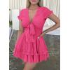 imagePRETTYGARDEN Women Summer Short Dress 2026 Casual V Neck Short Sleeve Tiered Bow Mini Sun Dresses Beach Vacation SundressRose Red