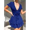 imagePRETTYGARDEN Women Summer Short Dress 2026 Casual V Neck Short Sleeve Tiered Bow Mini Sun Dresses Beach Vacation SundressRoyal Blue