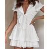 imagePRETTYGARDEN Women Summer Short Dress 2026 Casual V Neck Short Sleeve Tiered Bow Mini Sun Dresses Beach Vacation SundressWhite