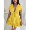 imagePRETTYGARDEN Women Summer Short Dress 2026 Casual V Neck Short Sleeve Tiered Bow Mini Sun Dresses Beach Vacation SundressYellow