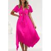 imagePRETTYGARDEN Womens 2023 Satin Summer Dress Short Sleeve V Neck Tie Front Cutout Pleated A Line Midi Dresses Rose RedXXLarge
