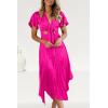imagePRETTYGARDEN Womens 2023 Satin Summer Dress Short Sleeve V Neck Tie Front Cutout Pleated A Line Midi Dresses Rose RedXXLarge