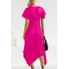 imagePRETTYGARDEN Womens 2023 Satin Summer Dress Short Sleeve V Neck Tie Front Cutout Pleated A Line Midi Dresses Rose RedXXLarge