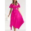 imagePRETTYGARDEN Womens 2023 Satin Summer Dress Short Sleeve V Neck Tie Front Cutout Pleated A Line Midi Dresses Rose RedXXLarge