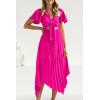 imagePRETTYGARDEN Womens 2023 Satin Summer Dress Short Sleeve V Neck Tie Front Cutout Pleated A Line Midi Dresses Rose RedXXLarge