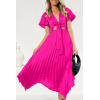 imagePRETTYGARDEN Womens 2023 Satin Summer Dress Short Sleeve V Neck Tie Front Cutout Pleated A Line Midi Dresses Rose RedXXLarge