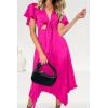 imagePRETTYGARDEN Womens 2023 Satin Summer Dress Short Sleeve V Neck Tie Front Cutout Pleated A Line Midi Dresses Rose RedXXLarge