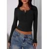 imagePRETTYGARDEN Womens 2025 Summer Long Sleeve Henley T Shirts Ribbed Knit Button Slim Fitted Basic Casual Going Out Fall TopsBlack