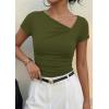 imagePRETTYGARDEN Womens 2026 Summer Asymmetrical Y2K Tops Trendy Ribbed Short Sleeve Fitted Tee Shirts Spring Fashion ClothingArmy Green