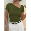 imagePRETTYGARDEN Womens 2026 Summer Asymmetrical Y2K Tops Trendy Ribbed Short Sleeve Fitted Tee Shirts Spring Fashion ClothingArmy Green