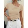 imagePRETTYGARDEN Womens 2026 Summer Asymmetrical Y2K Tops Trendy Ribbed Short Sleeve Fitted Tee Shirts Spring Fashion ClothingBeige