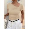 imagePRETTYGARDEN Womens 2026 Summer Asymmetrical Y2K Tops Trendy Ribbed Short Sleeve Fitted Tee Shirts Spring Fashion ClothingBeige