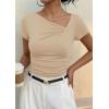 imagePRETTYGARDEN Womens 2026 Summer Asymmetrical Y2K Tops Trendy Ribbed Short Sleeve Fitted Tee Shirts Spring Fashion ClothingBeige